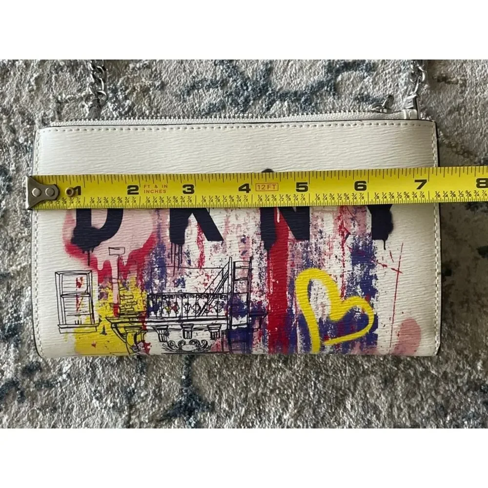 DKNY Bryant Small Crossbody Graffiti print on white bag WOC